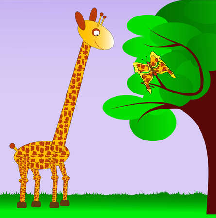 Giraffe watching at the butterfly on the tree, the wings of a butterfly have the same pattern as the skin of a giraffeのイラスト素材