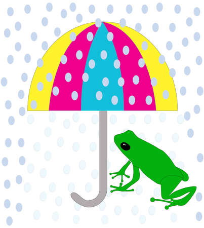 Green frog sitting under colorful umbrella during the rain  のイラスト素材
