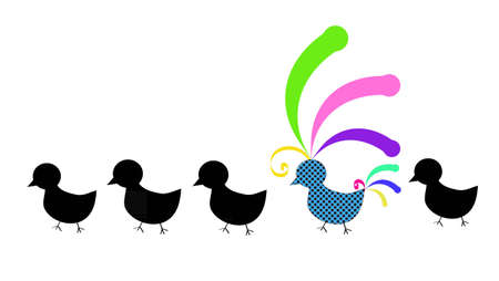 Four black birds and one colorful bird with green, pink, yellow, violet and blue feathers, walking in the lineのイラスト素材