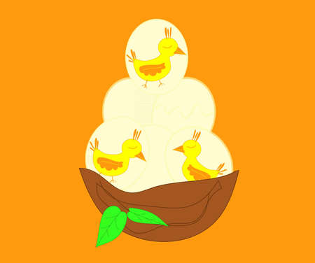Brown nest full of eggs with breeding yellow birds on the orange backgroundのイラスト素材