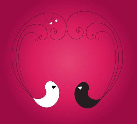 Two birds forming heart with their feathers on the violet backgroundのイラスト素材