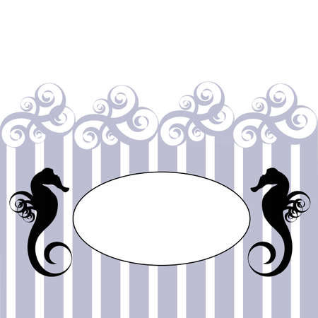 Blank oval on the blue and white stripes decorated by two sea horses and blue swirls のイラスト素材