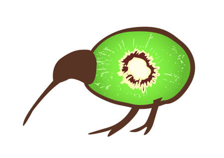 Small black kiwi bird wit body formed by kiwi fruit, flightless bird, symbol of New Zealandのイラスト素材