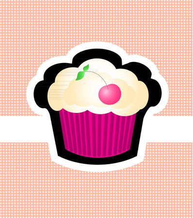 Pink cherry muffin cupcake on the light pink background with dotsのイラスト素材