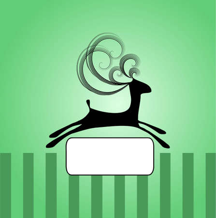 Illustration of black jumping deer with curly horns on the green background with stripes and label in the middleのイラスト素材
