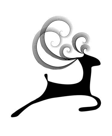 Isolated illustration of simple jumping black deer with curly horns on the white backgroundのイラスト素材