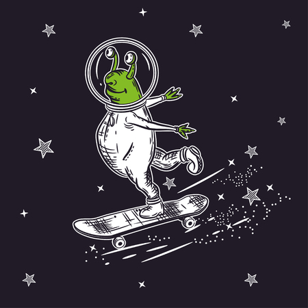 The alien skates on a skateboard. Vector illustrationのイラスト素材