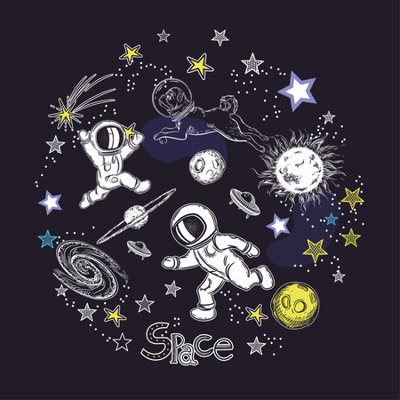 Square card template with the image of cosmic elements. Space objects. Astronauts play footballのイラスト素材