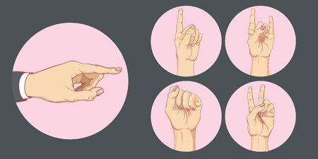 A set of different poses of human hands.A human hand with a raised index finger. Hand gesture - pointing. Fist and peace. Realistic vector illustration.のイラスト素材