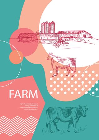 Country landscape. Abstract composition. Cows, barn and grain elevator.のイラスト素材