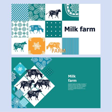 Horizontal agricultural banner. Background for covers, flyers, banners. Cows with white patternsのイラスト素材