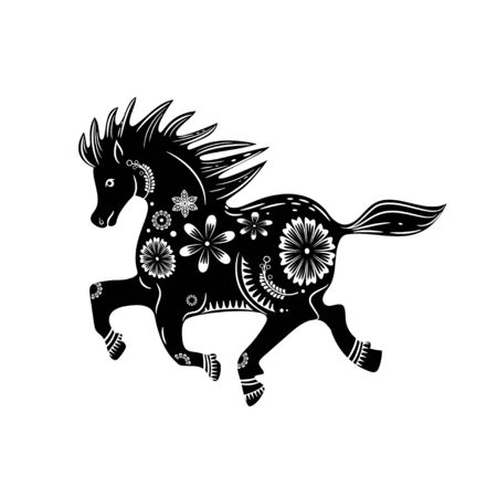 Chinese zodiac sign year of the horse. Black horse with white ornament. Zodiac animalのイラスト素材
