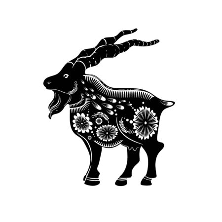 Chinese zodiac sign of the year of the goat. Black goat with white ornament. Zodiac animalのイラスト素材