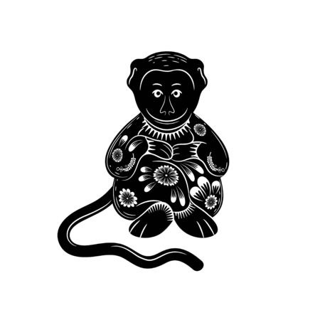 Chinese zodiac sign of the year of the monkey. Black monkey with white ornament.のイラスト素材