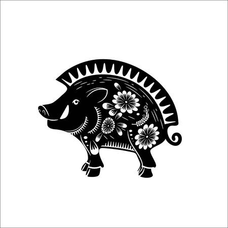 Chinese zodiac symbol of the year of the pig. Black pig with white ornament.のイラスト素材