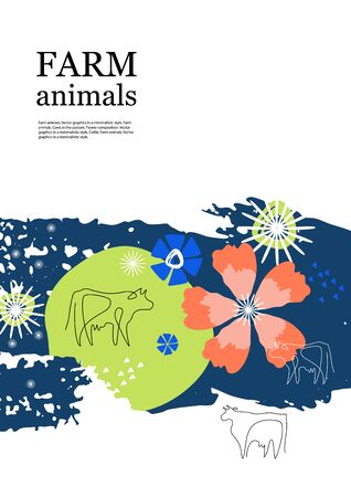 Agricultural background. Cows in the pasture. One line drawing.のイラスト素材