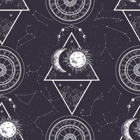 Seamless pattern. Signs of the zodiac, phases of the moon, sun and moon.のイラスト素材
