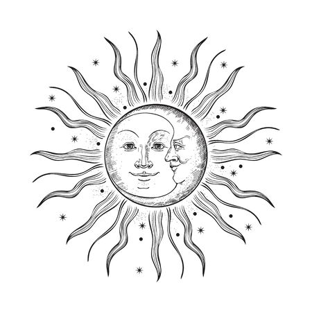 The face of the sun and moon. Retro illustration.のイラスト素材