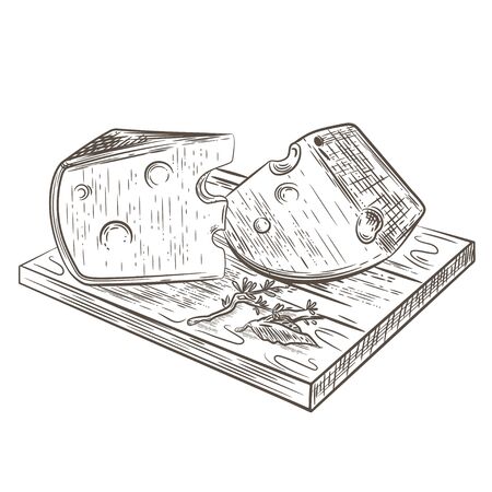 Cheese lies on a wooden cutting board.のイラスト素材