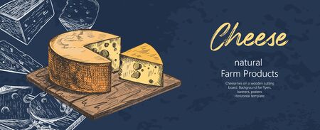 Cheese lies on a wooden cutting board. Different varieties of cheese. Vintage.のイラスト素材