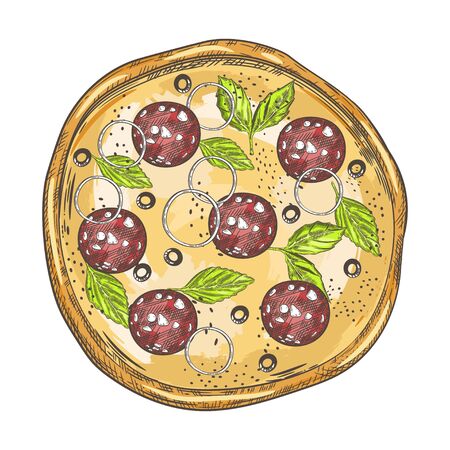 Pizza with sausage, onion rings, basil and olives.Vintage graphics.のイラスト素材