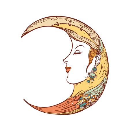 Vector image of a crescent moon. Moon face. Sketching graphics.のイラスト素材