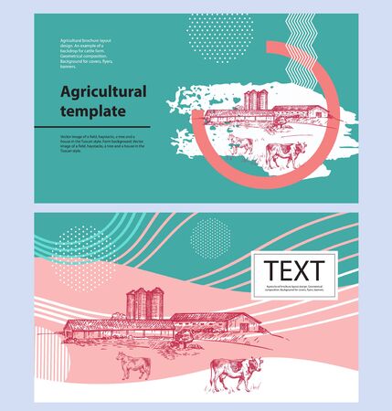 Cows, barn and grain elevator. Set of agricultural banners.のイラスト素材
