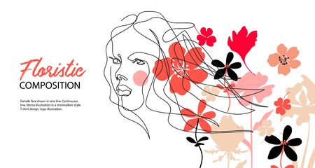 Woman with long hair. Silhouettes of flowers. Horizontal banner. Female face drawn in one line.のイラスト素材