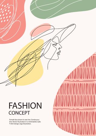 Profile of a girl in a hat. Woman with long hair. Female face drawn in one line.のイラスト素材