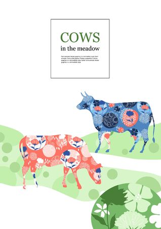 Sample brochure. Agricultural background. Cows made up of circles. Silhouettes of cows. Geometrical composition. Background for covers, flyers, banners.のイラスト素材