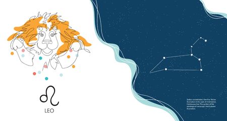 Zodiac background. Constellation Leo. Horizontal banner. One line.のイラスト素材