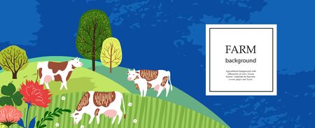 Agricultural background. Cows in the pasture. Silhouettes of cows and trees. Geometrical composition. Background for covers, flyers, banners. Horizontal banner.のイラスト素材