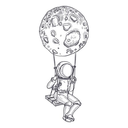 Astronaut is sitting on a swing. Coloring Page. Illustration on the theme of astronomy. Hand-drawn graphics.のイラスト素材
