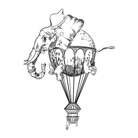 Vector image of an elephant flying in the sky. Tattoo art. T-shirt design.のイラスト素材