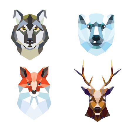 Polygonal portraits of fox, deer, wolf and polar bear on whiteのイラスト素材