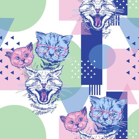 Seamless pattern with cats and geometric shapes. Pop Art.のイラスト素材