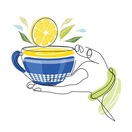 A cup of tea in the hand. Hand with a cup. Tea party.のイラスト素材