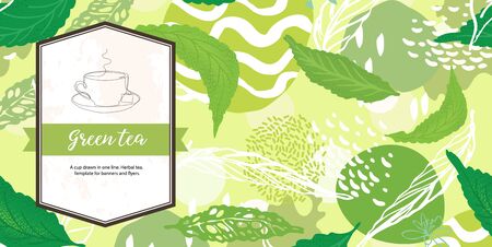 Green banner for tea design. Tea shop. A cup drawn in one line.のイラスト素材