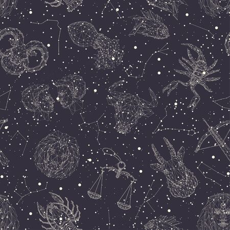 Seamless pattern with zodiac signs. Vector illustration. Starry sky.