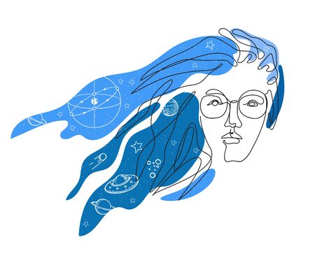 Stars, planets, ecliptic, space in a female head.のイラスト素材