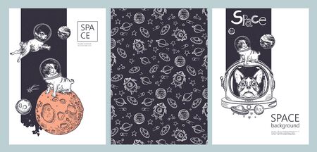 Set of space banners. Astronaut swim on swimming circle of a unicorn in the space.のイラスト素材