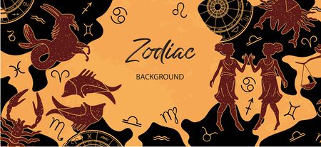Zodiac background. Astrological horoscope. Horizontal banner with the zodiac signs. Capricorn, Scorpio, Gemini, Cancer Piscesのイラスト素材