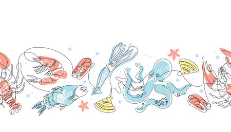 Seamless pattern with seafood. Fish, shrimp, crayfish, octopus, fish steak, squid.のイラスト素材