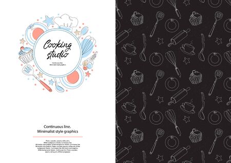 Culinary products and cooking utensils. Cupcakes, plates, spoons, cook hat.のイラスト素材