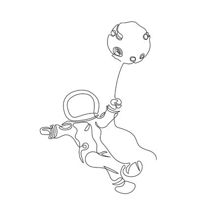 The astronaut flies in space. Vector illustration. Spaceman flies in a balloon. One line drawing. Continuous line. Minimalistic graphics.のイラスト素材