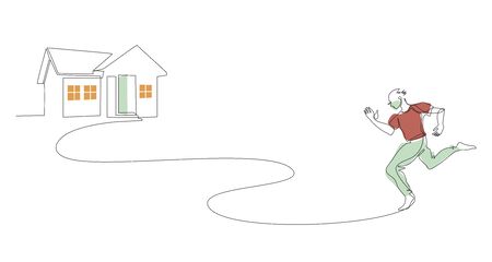 A man in a medical mask runs home. Self isolation. Panic, flight, fear, pandemic.のイラスト素材
