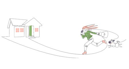 A woman with a dog run to the house. Self isolation. One line.のイラスト素材