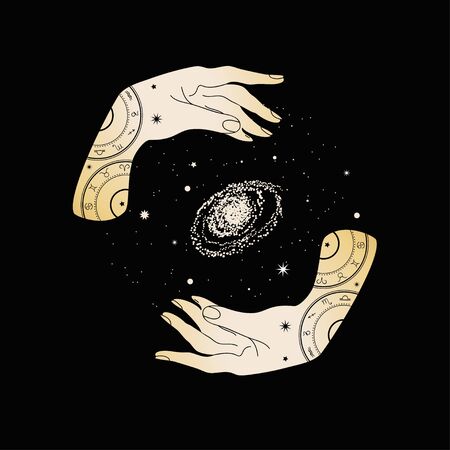 Magical hands. Two hands, stars and a galaxy.のイラスト素材