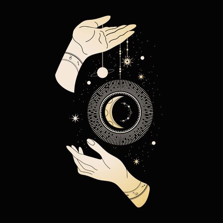 Magical hands. Two hands, the sun, crescent, stars and moon phases.のイラスト素材