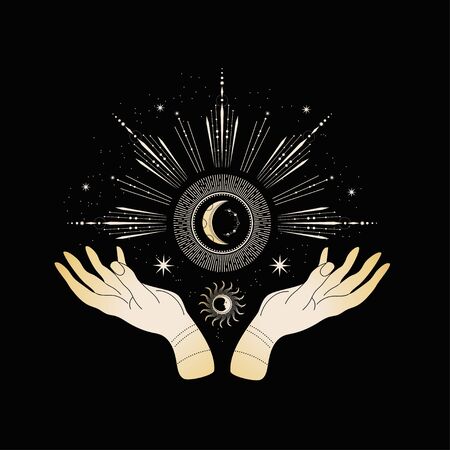 Magical hands. Two hands, the sun, crescent, stars and moon phases.のイラスト素材